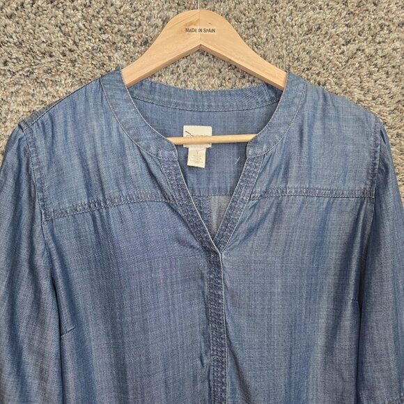 Chicos Top Womens 1 US Medium Blue Chambray V Neck Bell Sleeve Blouse Ladies - Picture 4 of 7